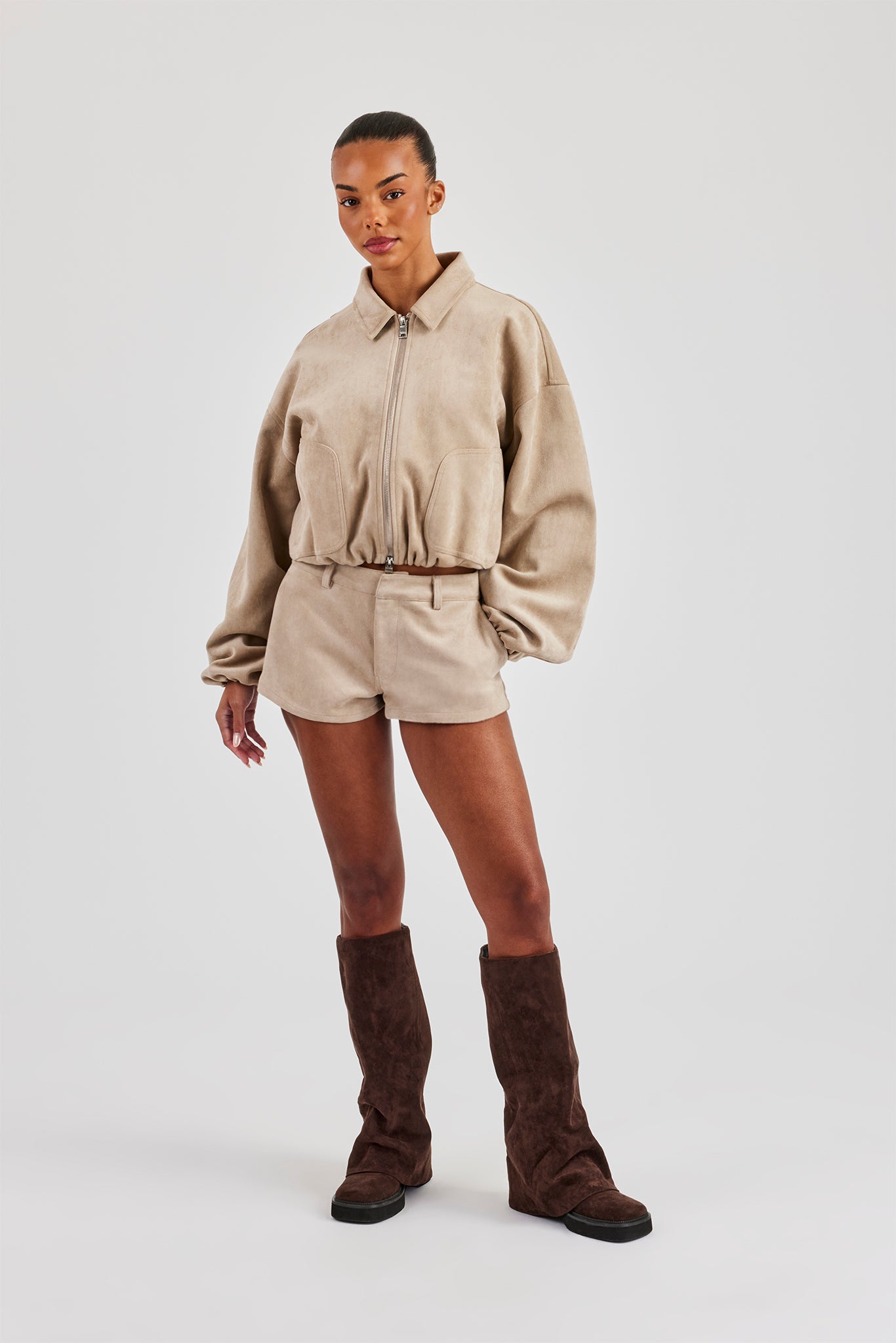 Suede Collared Bomber Jacket & Micro Short - Beige | Womens Sets