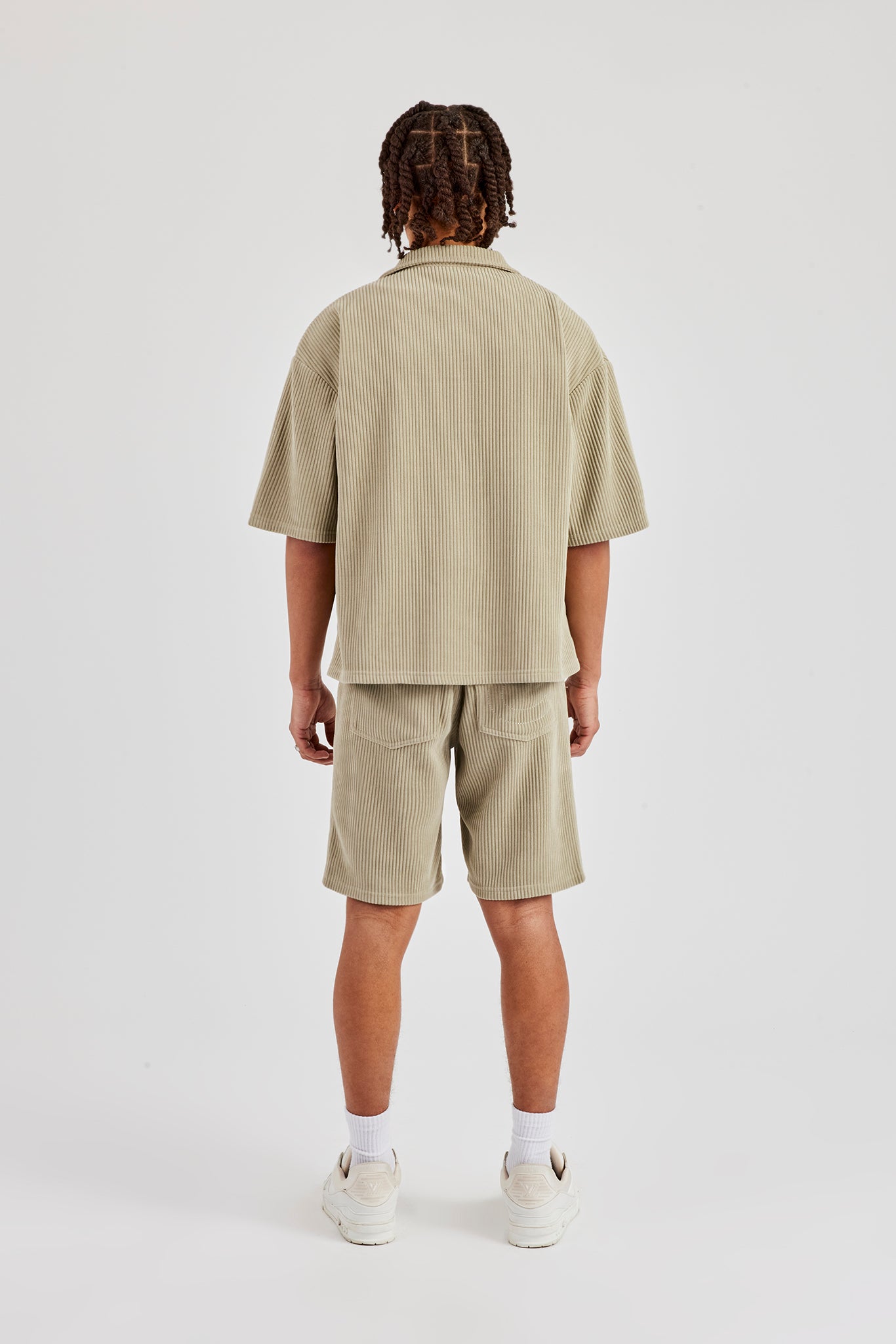 Cord Button Front Revere Shirt & Shorts - Khaki