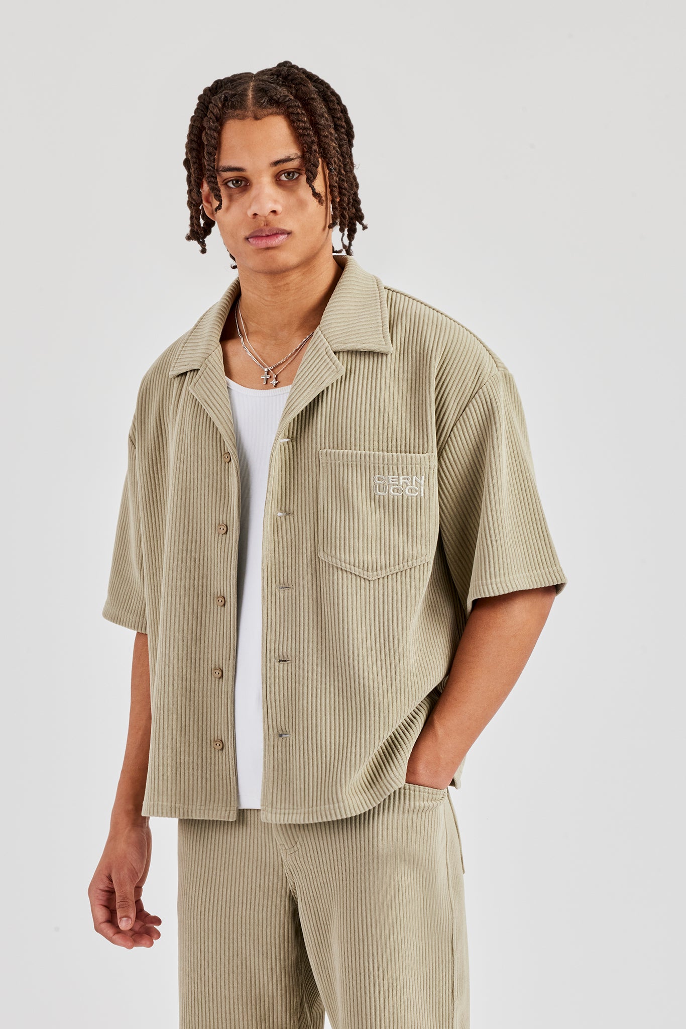 Cord Button Front Revere Shirt - Khaki
