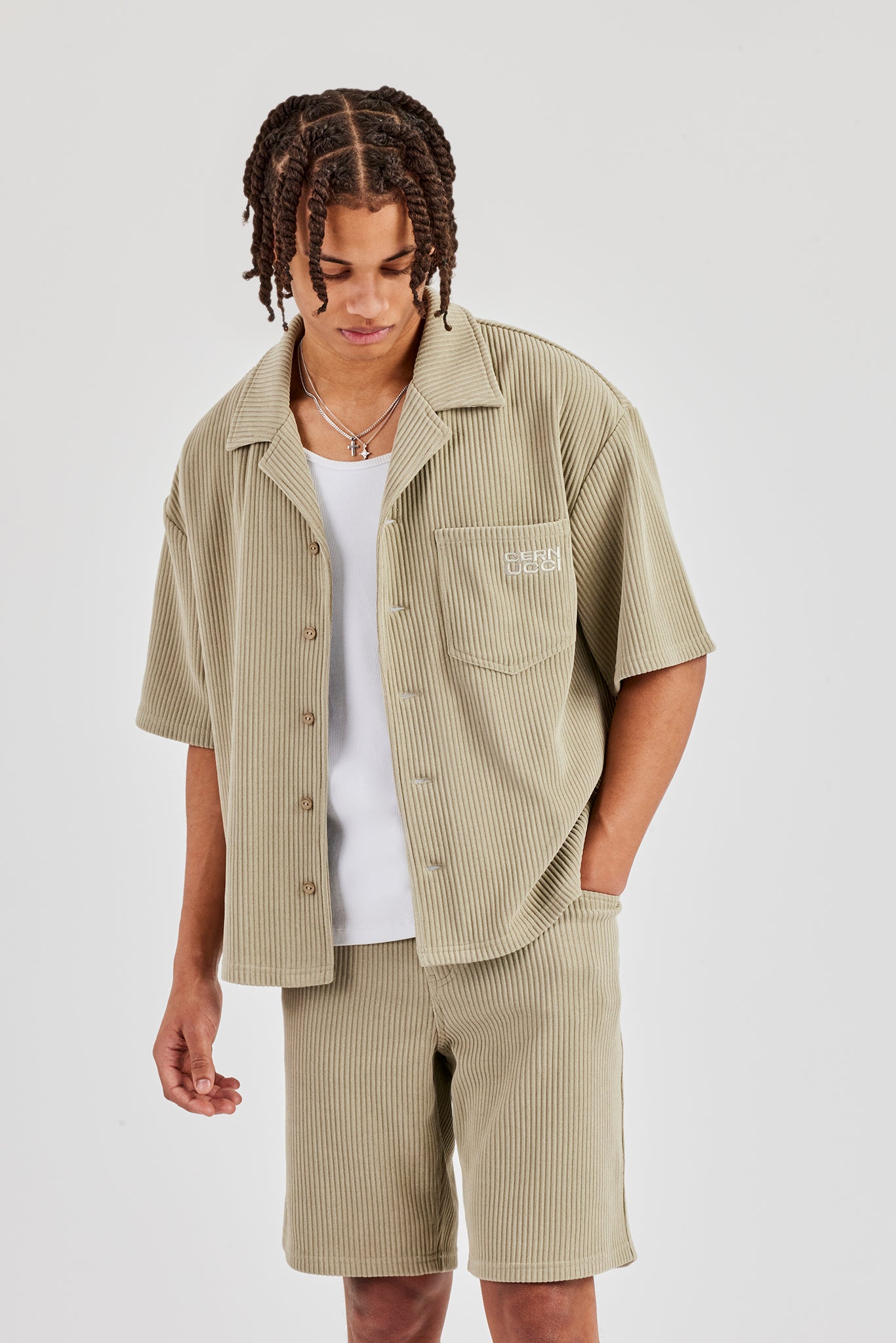 Cord Button Front Revere Shirt - Khaki