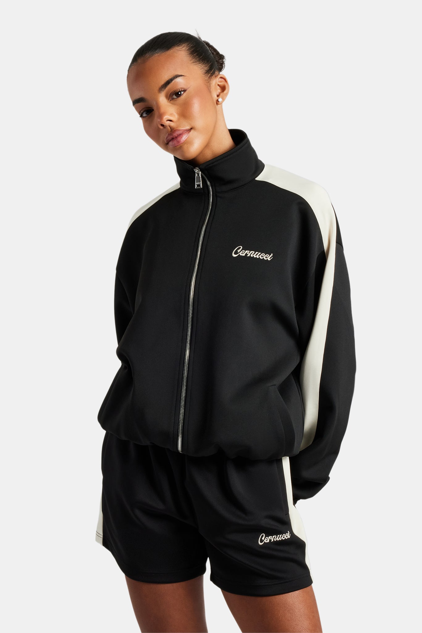 Womens Contrast Panel Track Jacket & Short Set - Black | Womens