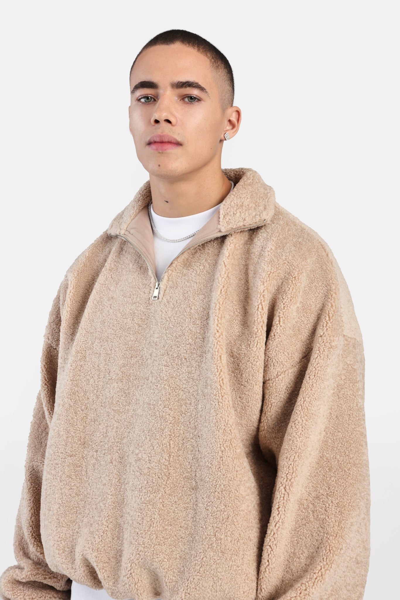 Borg Sweatshirt mit halbem Reißverschluss – Stein