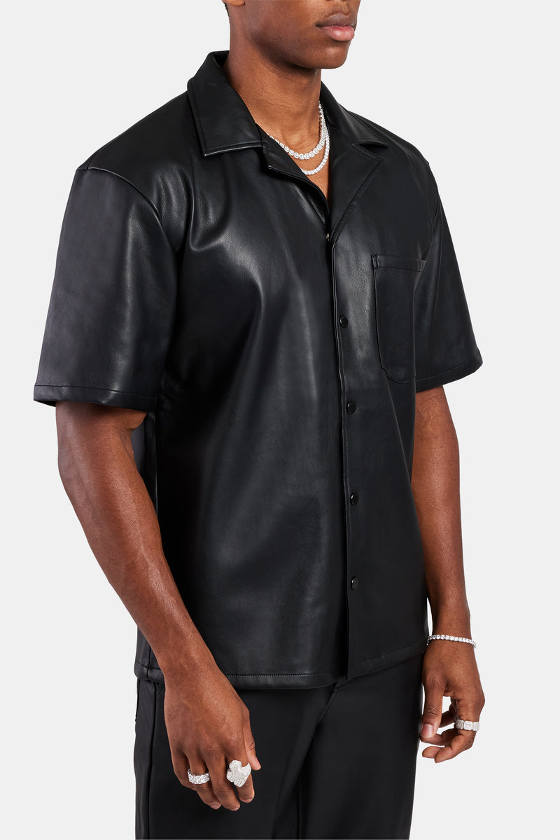 Faux Leather Shirt With Pocket - Black