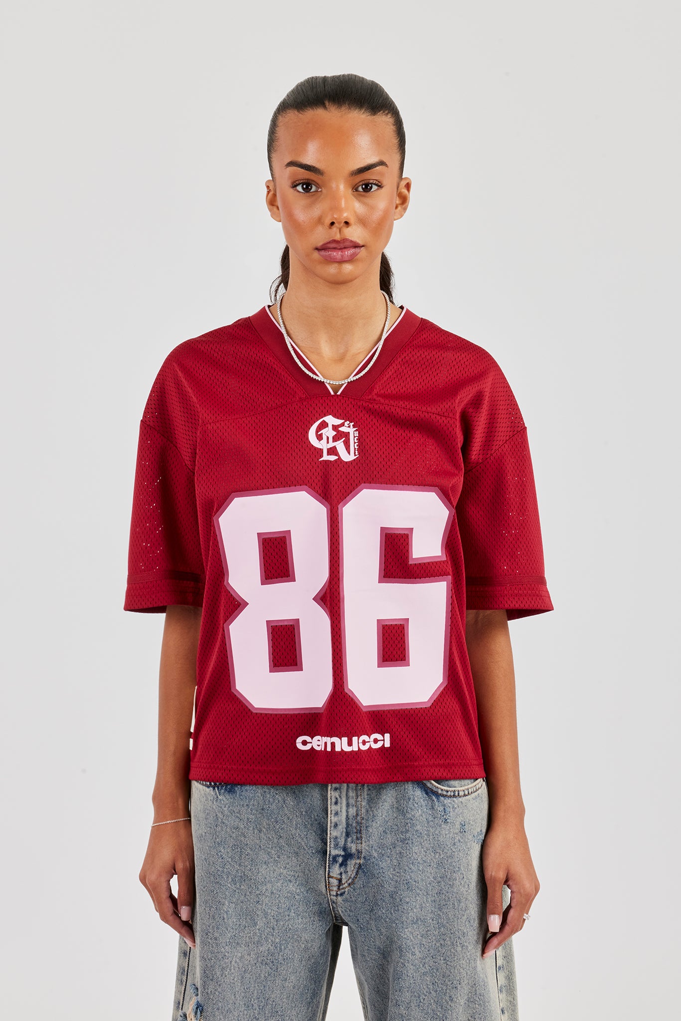 Mesh Woven Tab Football Top - Berry