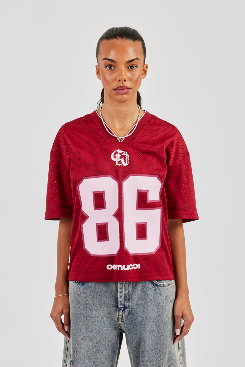 Mesh Woven Tab Football Top - Berry