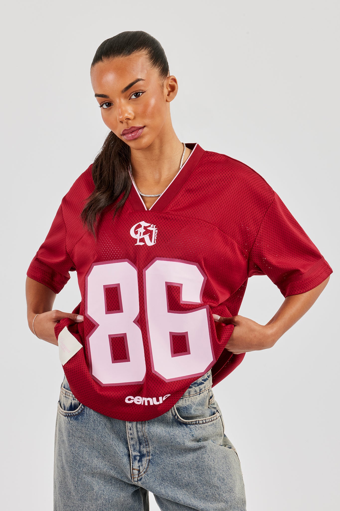 Mesh Woven Tab Football Top - Beere