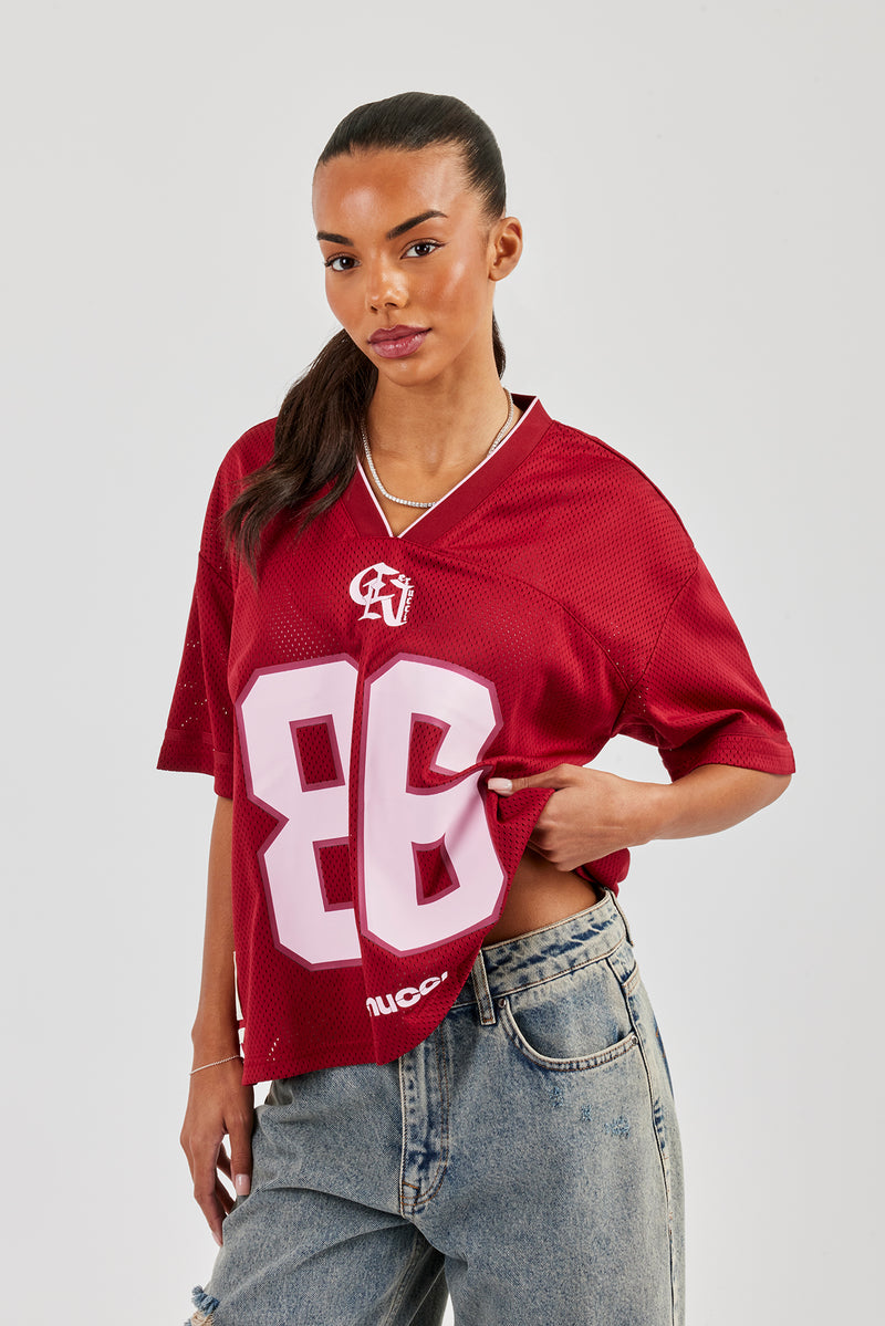 Mesh Woven Tab Football Top - Berry