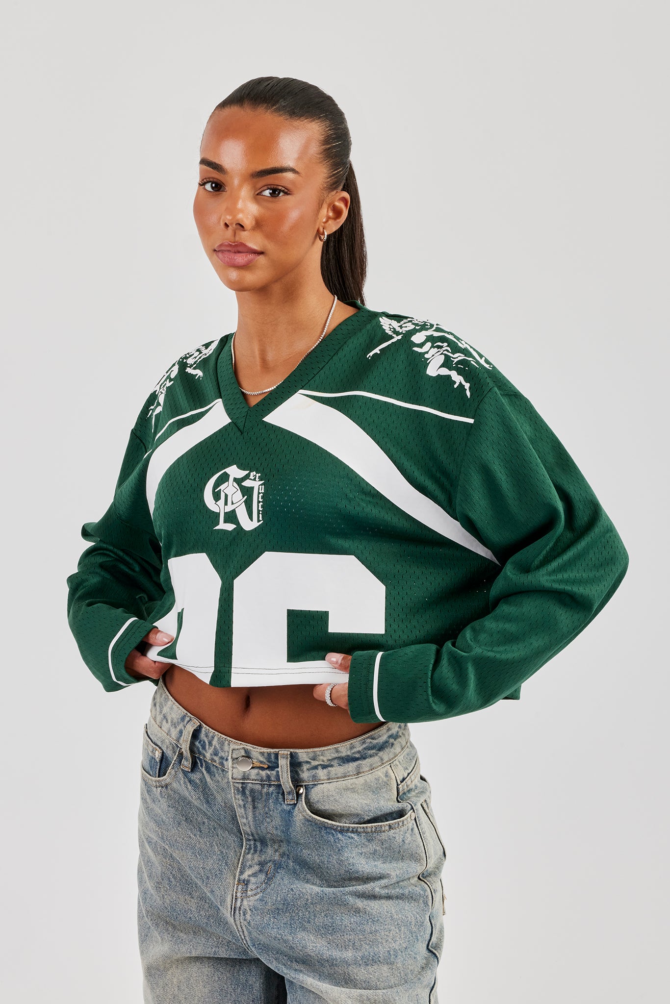 Mesh Cropped 86 Langarm-Top - Waldgrün