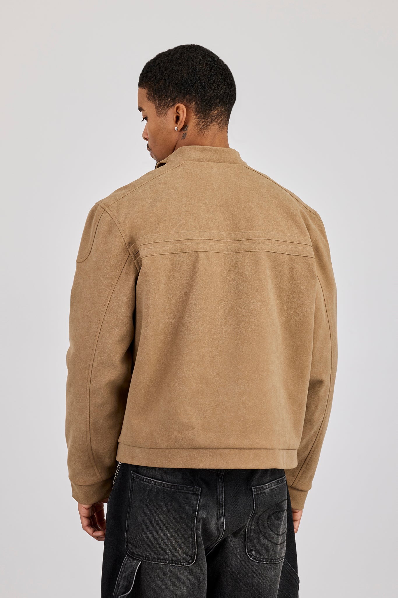 Mens Suede Applique Moto Jacket - Taupe | Mens Outerwear | Shop
