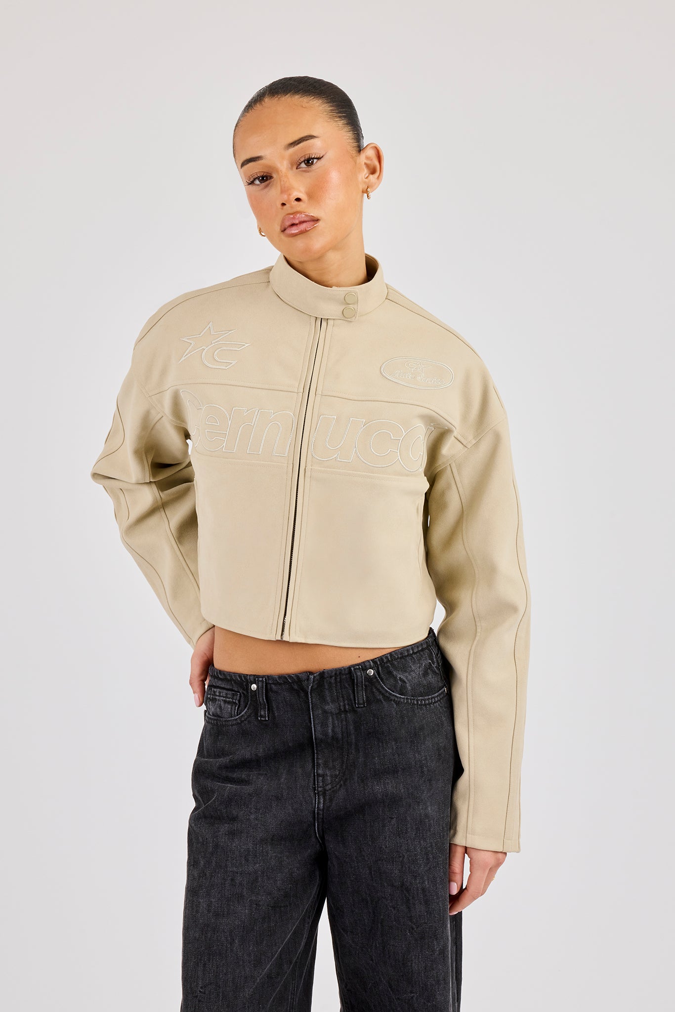 Suede Applique Moto Jacket - Beige