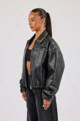 Washed PU Harrington Jacket - Black