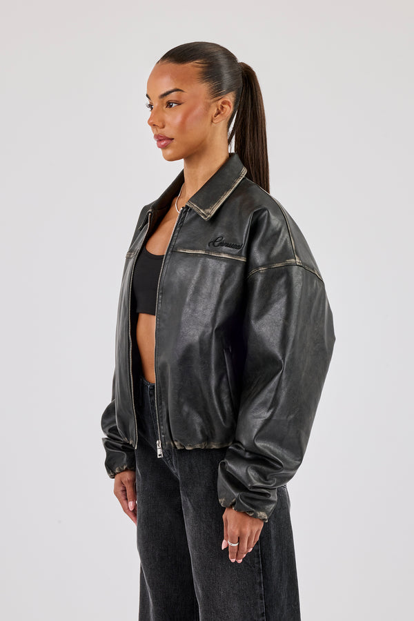 Washed PU Harrington Jacket - Black