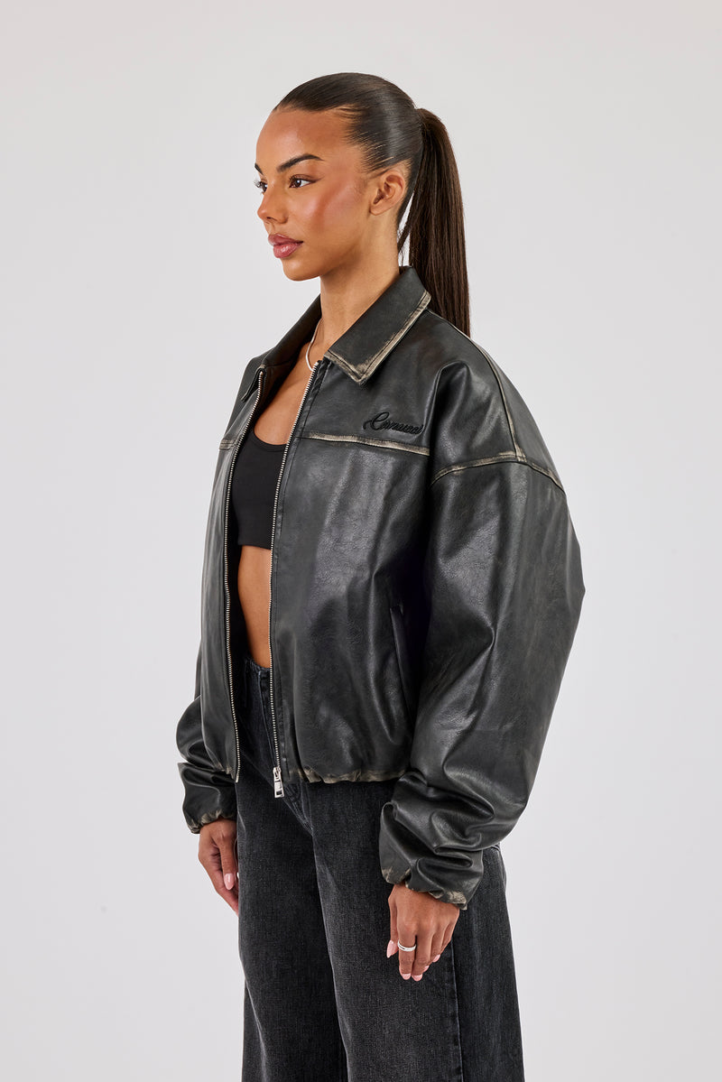 Washed PU Harrington Jacket - Black