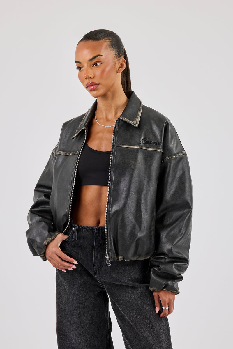Washed PU Harrington Jacket - Black