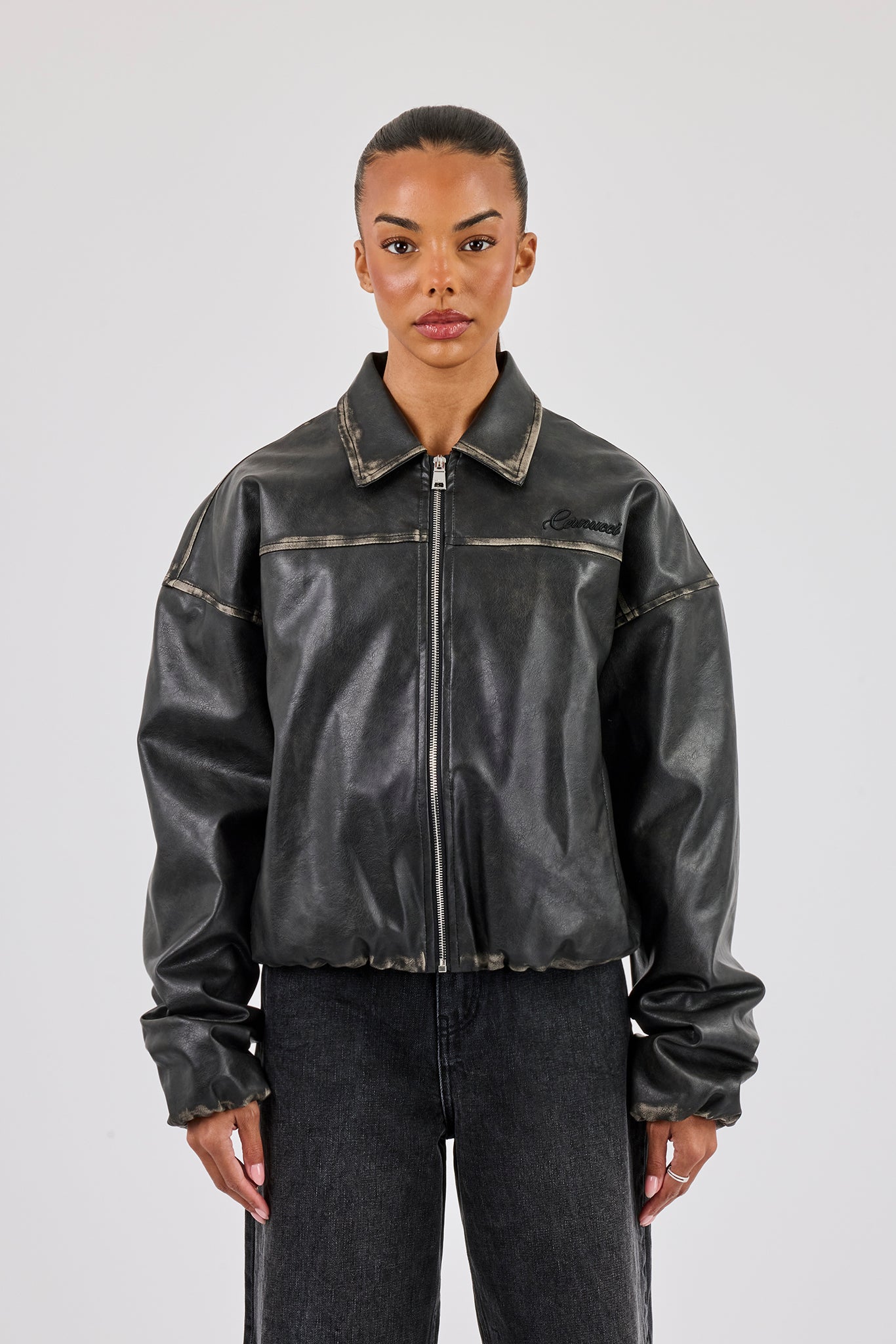 Washed PU Harrington Jacket - Black | Womens Outerwear | Shop