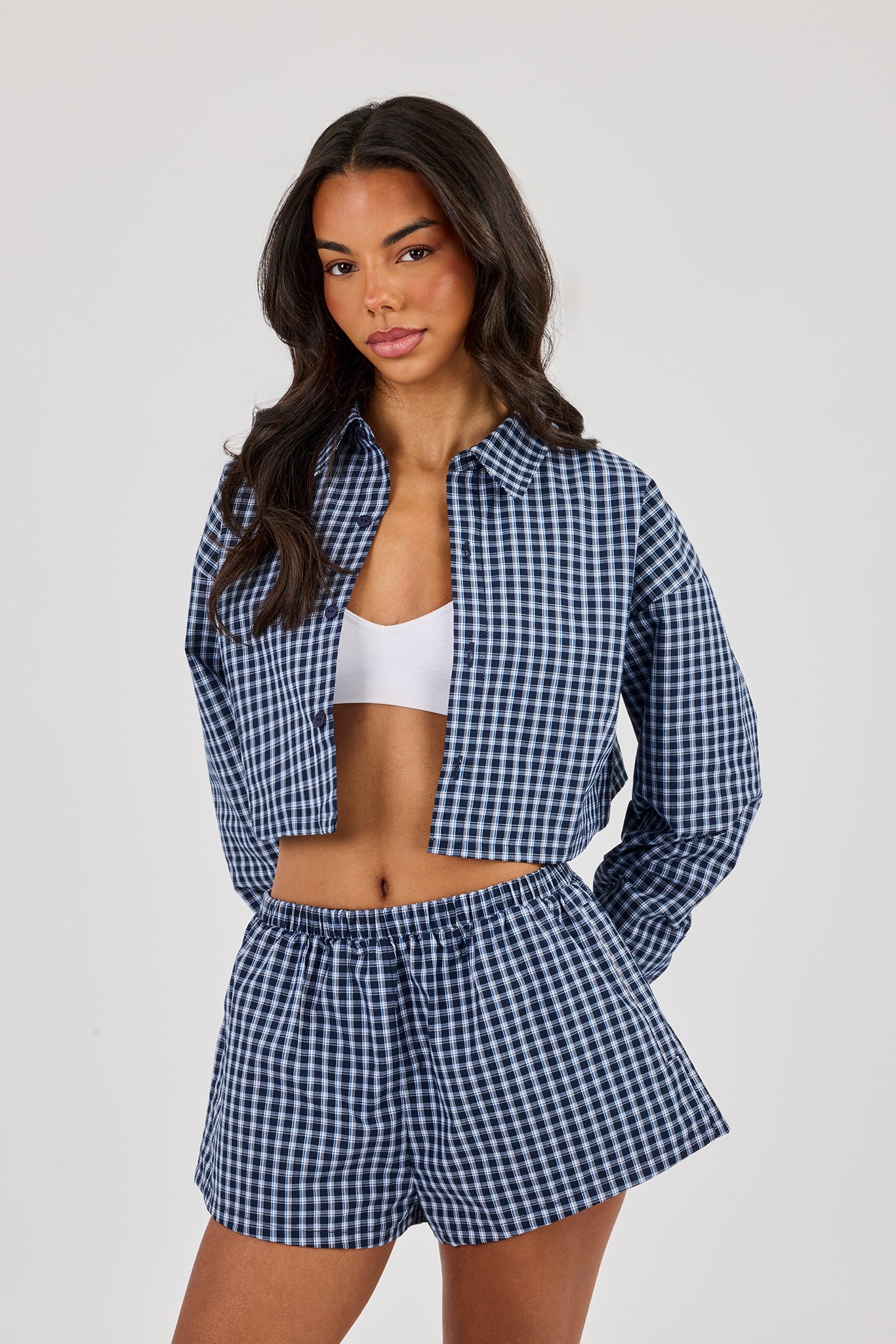 Cropped Check Shirt - Navy