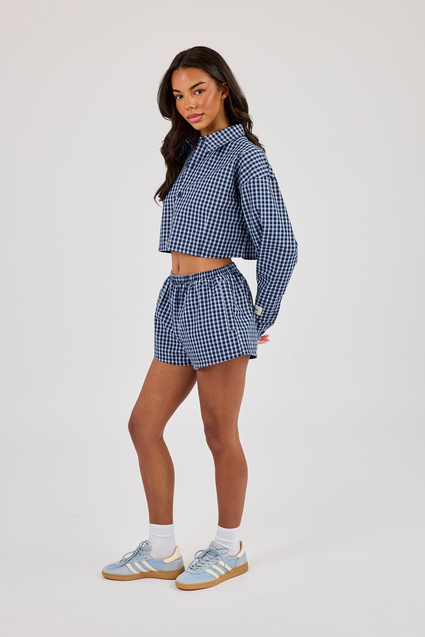 Cropped Check Shirt & Short - Navy