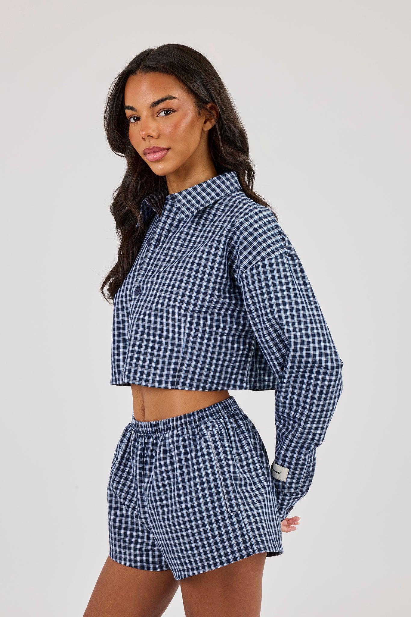 Cropped Check Shirt - Navy
