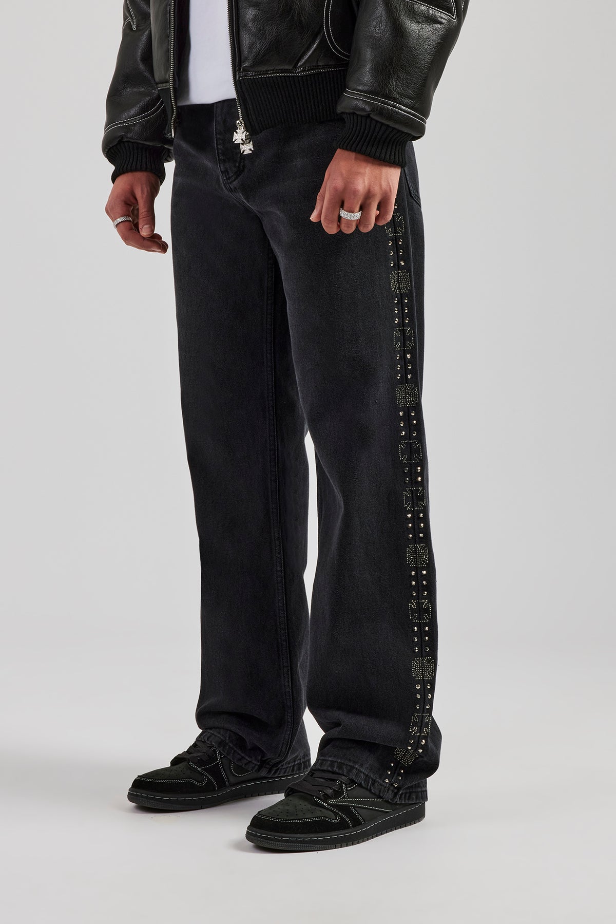 Embellished Relaxed Fit Jean Washed Black Mens Denim Shop