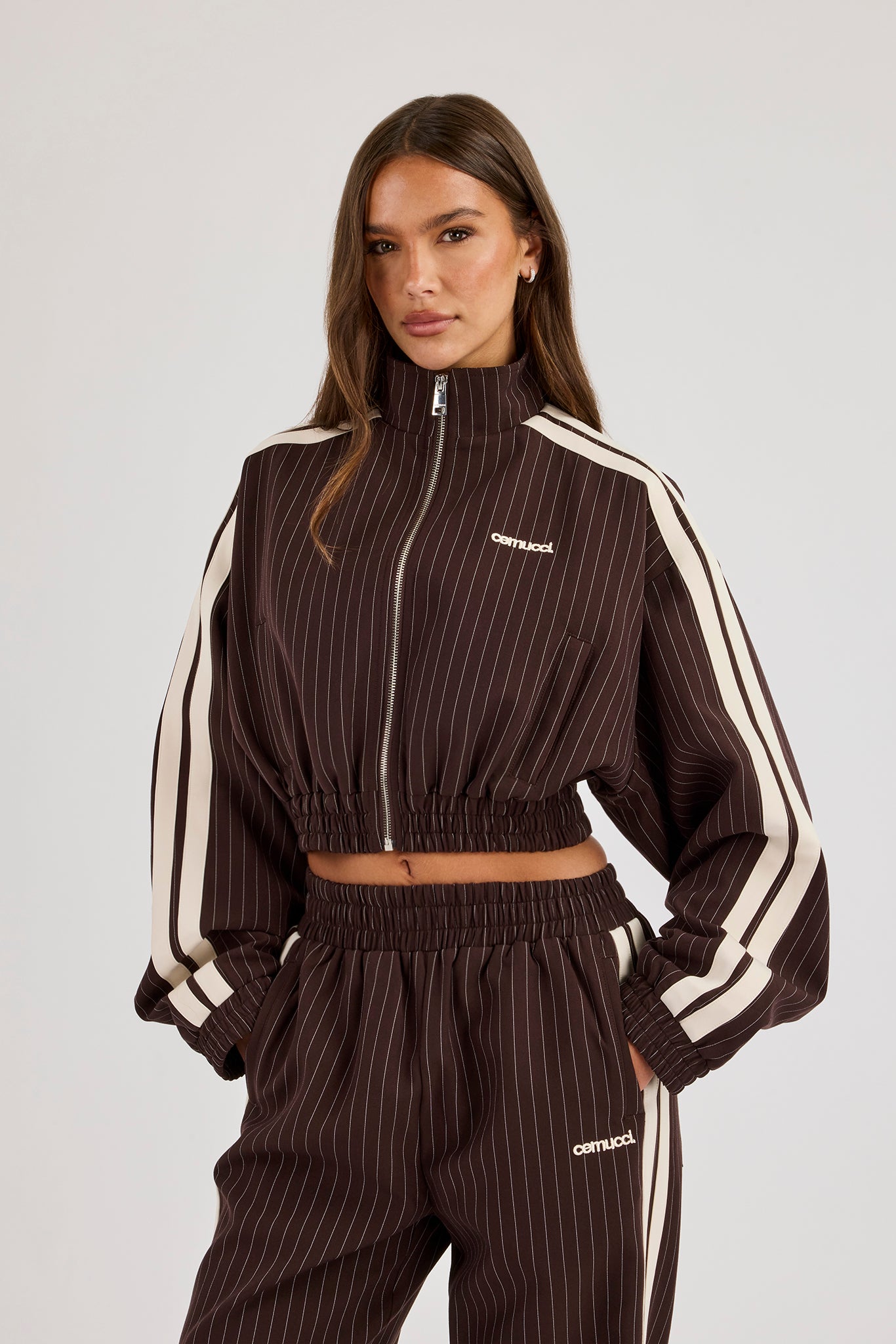 Pinstripe Taping Cropped Funnel Neck Jacket - Chocolate