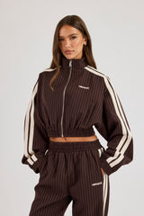 Pinstripe Taping Cropped Funnel Neck Jacket - Chocolate