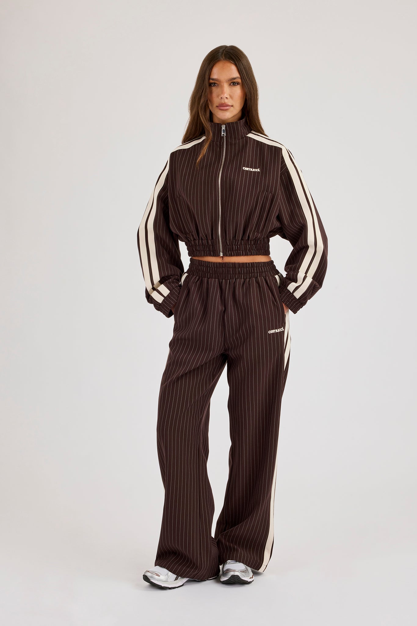 Pinstripe Taping Cropped Funnel Neck Jacket & Wide Leg Track Pant - Chocolate