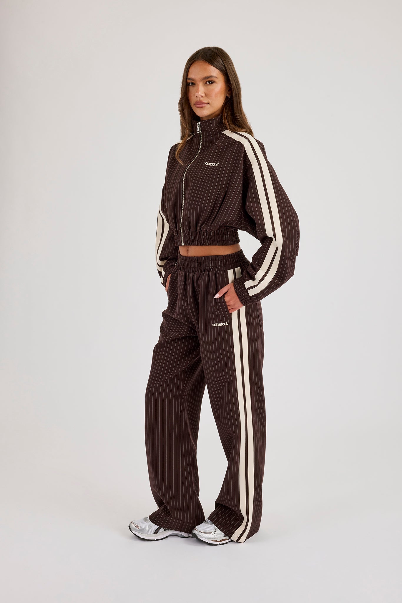 Pinstripe Taping Cropped Funnel Neck Jacket & Wide Leg Track Pant - Chocolate