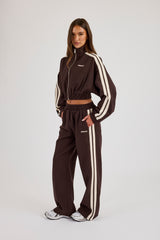 Pinstripe Taping Cropped Funnel Neck Jacket - Chocolate