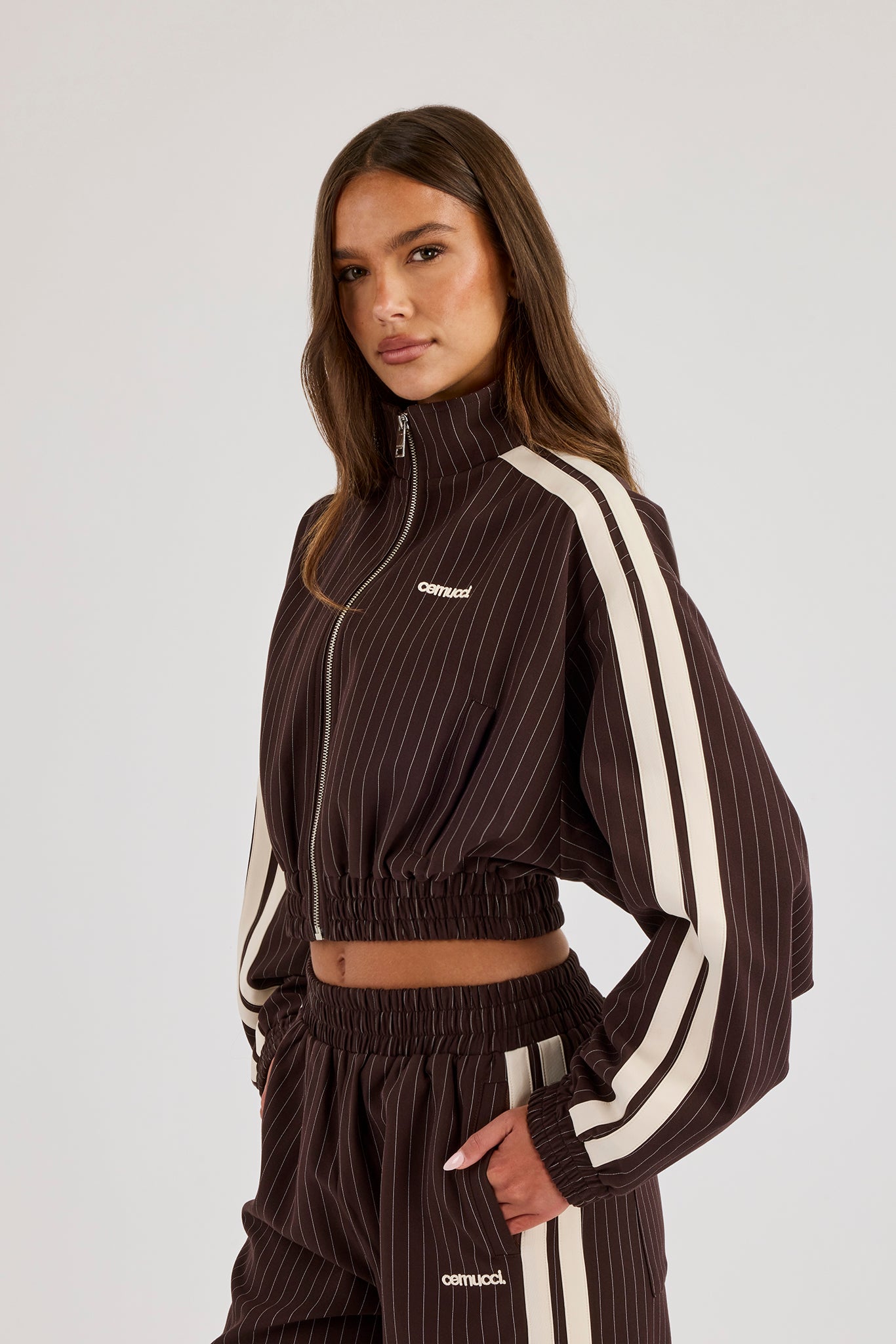 Pinstripe Taping Cropped Funnel Neck Jacket - Chocolate