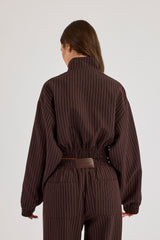Pinstripe Taping Cropped Funnel Neck Jacket - Chocolate