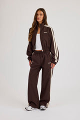 Pinstripe Taping Cropped Funnel Neck Jacket & Wide Leg Track Pant - Chocolate