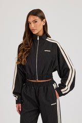 Pinstripe Taping Cropped Funnel Neck Jacket - Black