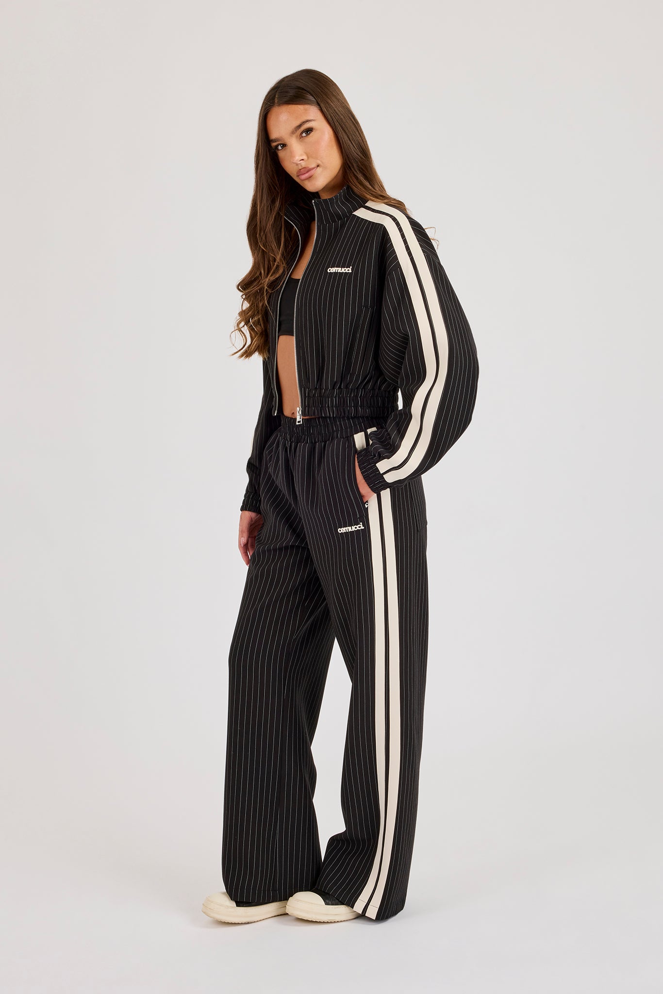 Pinstripe Taping Cropped Funnel Neck Jacket - Black