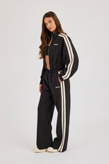 Pinstripe Taping Cropped Funnel Neck Jacket - Black