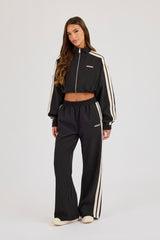 Pinstripe Taping Cropped Funnel Neck Jacket & Wide Leg Track Pant - Black