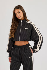 Pinstripe Taping Cropped Funnel Neck Jacket - Black