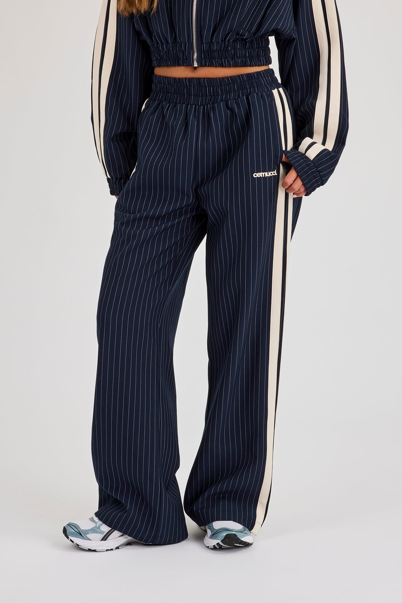 Pinstripe Taping Wide Leg Track Pant - Navy Blue