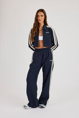 Pinstripe Taping Cropped Harrington Jacket & Wide Leg Track Pant - Navy Blue