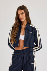 Pinstripe Taping Cropped Harrington Jacket - Navy Blue