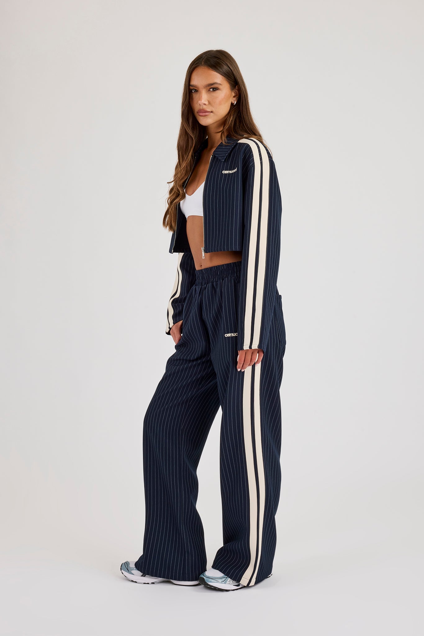 Pinstripe Taping Cropped Harrington Jacket & Wide Leg Track Pant - Navy Blue
