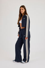 Pinstripe Taping Cropped Harrington Jacket & Wide Leg Track Pant - Navy Blue