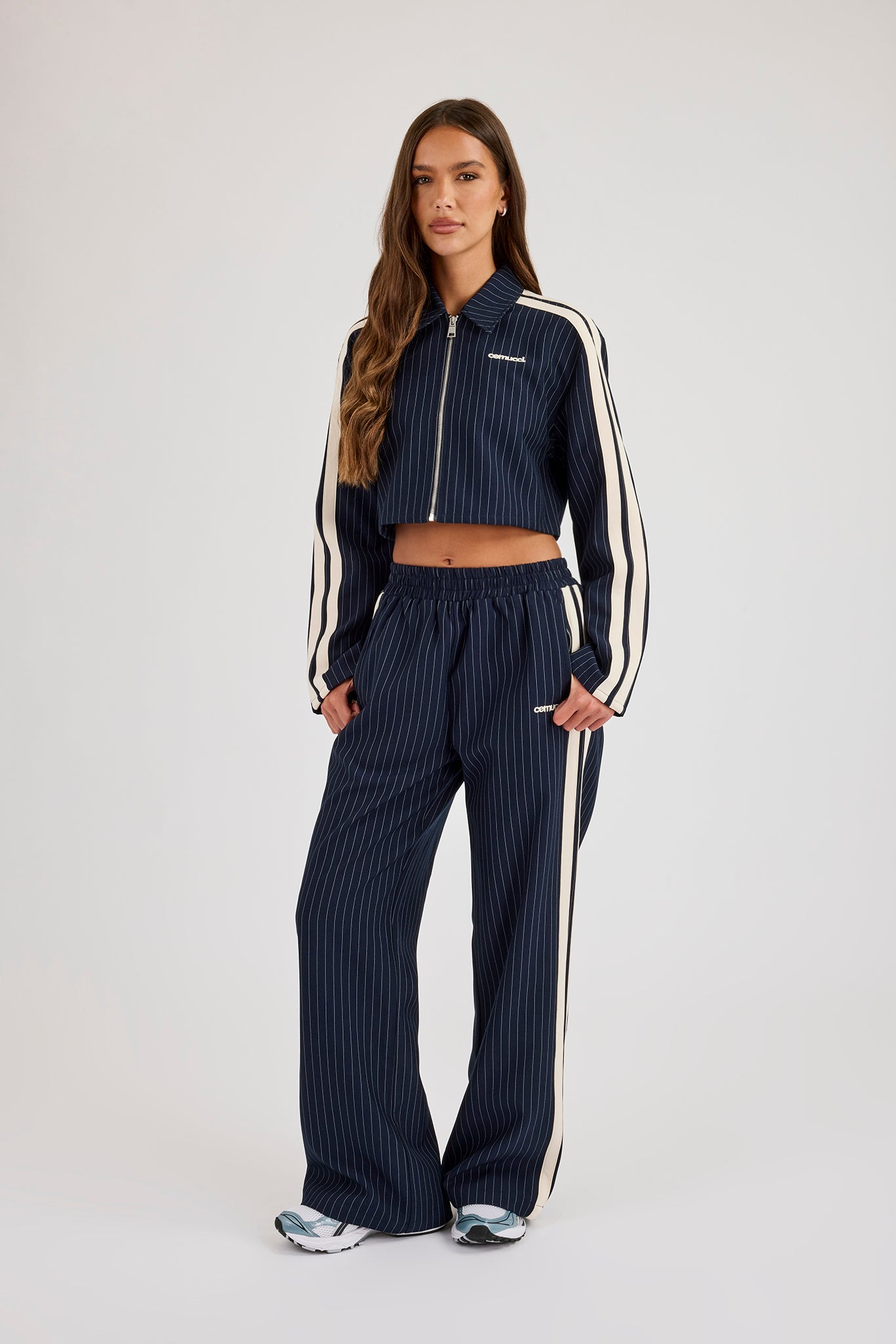 Pinstripe Taping Cropped Harrington Jacket & Wide Leg Track Pant - Navy Blue