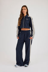 Pinstripe Taping Cropped Harrington Jacket & Wide Leg Track Pant - Navy Blue