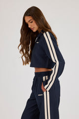Pinstripe Taping Cropped Harrington Jacket - Navy Blue