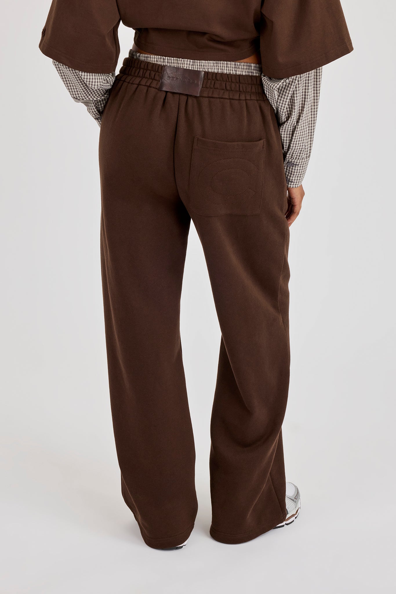 Faux Check Waistband Wide Leg Jogger - Chocolate