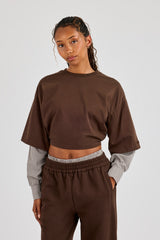 Cropped Oversized T-Shirt With Layered Shirt - Chocolate