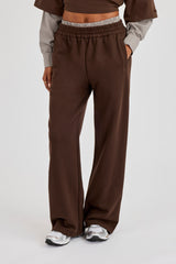 Faux Check Waistband Wide Leg Jogger - Chocolate