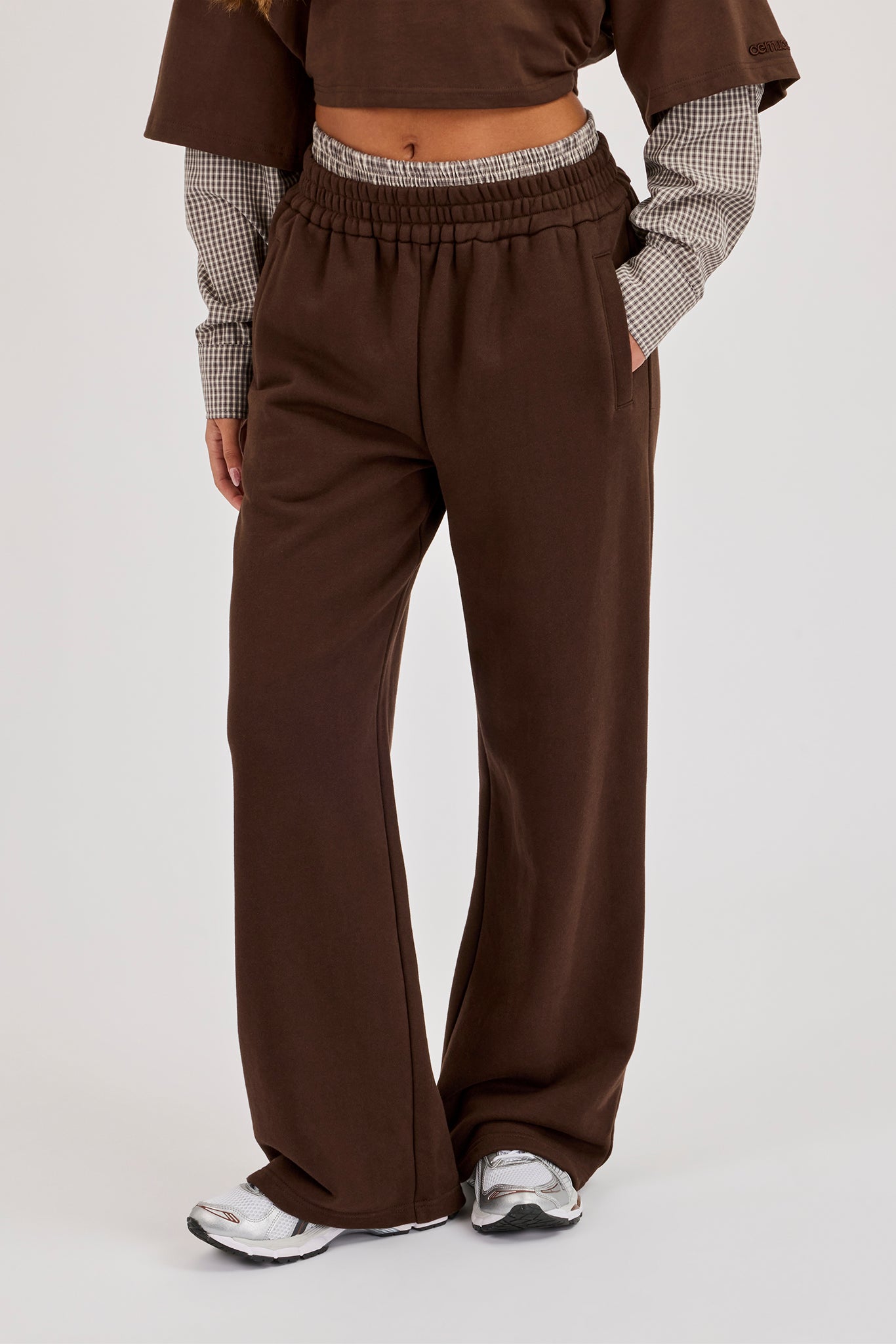 Faux Check Waistband Wide Leg Jogger - Chocolate