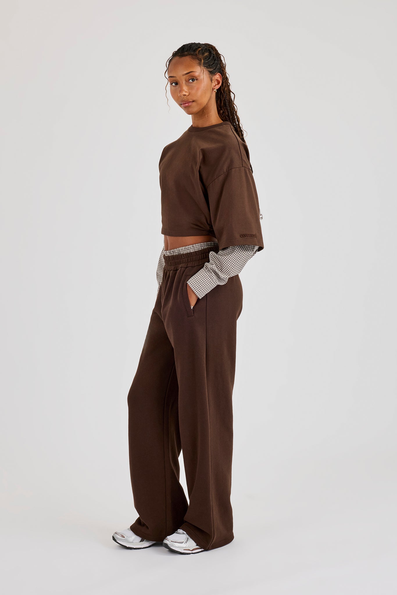 Cropped Oversized T-Shirt With Layered Shirt & Wide Leg Jogger - Chocolate