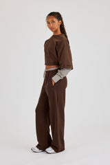 Cropped Oversized T-Shirt With Layered Shirt & Wide Leg Jogger - Chocolate